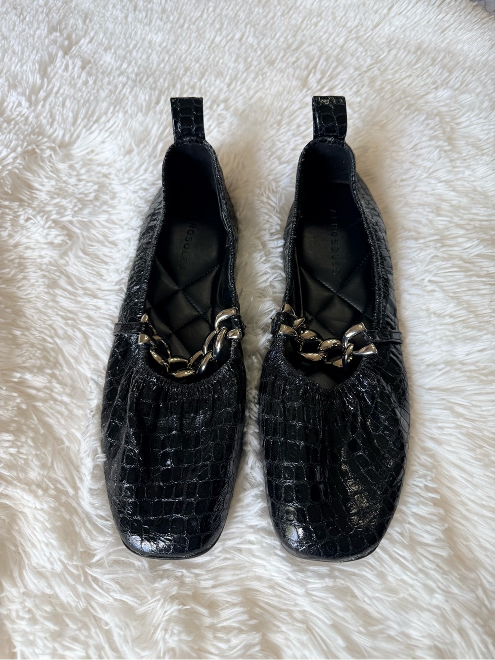 AEROSOLES Black Snakeskin Ballet Flats with Silver Chain